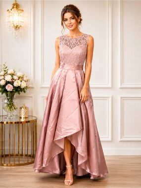 May Queen Couture Mocha Lace Satin High-Low Formal Gown Size 6 NWT